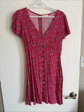Red Floral Button-Front Mini Dress